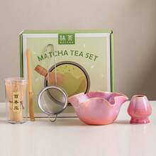 抹茶茶具套組，完整抹茶沖泡套件，含可愛花卉與愛心壓紋陶瓷碗及篩網，傳統日式茶道工具，適合居家使用與送禮 - 星星 - 查看 16