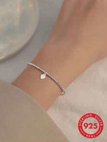 1pc S925 Sterling Silver Minimalist Ins Cold Style Round Bead & Tube Elastic Bracelet, Korean Exquisite Personalized Fashion Versatile Cool High-End Elegant Accessory, Birthday Gift For Best Friend, Party Favor - Round Beads - View 9