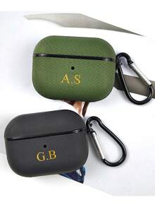[Customized] Personalized Customized Golden Letters Name Fabric Texture Pattern Luxury Earphone Case Compatible With AirPods 1/2 3 4 Pro 2 3 Protective Case - Multicolor - View 5