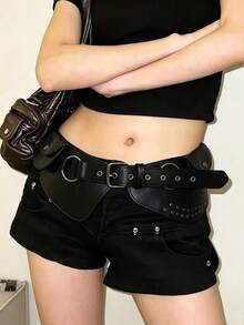 Y2K Punk Wide Waist Belt, Women's Brown Faux Leather Corset Belt With Rivet Details & Utility Pockets, Perfect For Festival Outfits & Daily Wear - Multicolor - View 2