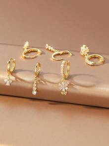 6pcs/Set Fresh Copper Inlaid Full Cubic Zirconia Flower Round Diamond Pendant Hoop Earrings Set Suitable For Women's Daily Commute And Date Wear - Flowers - View 4