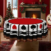 1pc Poker Theme Round Tablecloth, Suitable For Home Kitchen And Dining Room, Decorative Tablecloth, Ideal For Office And Coffee Table, Holiday Red Background With Heart And Spade Symbol Print - Round - View 4
