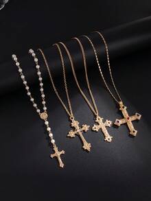 4 piezas Collar con colgante de cruz vintage punk, collar de perlas falsas personalizado de hip hop para hombres, uso casual diario y de fiesta, regalo de vacaciones - 4 piezas - Ver 16