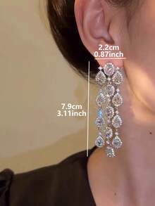 1 Pair Elegant Cubic Zirconia Long Tassel Teardrop Earrings For Women, Suitable For Wedding And Party - Silver - View 5