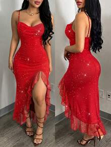 ChicMe Gaun Midi Wanita Berkilau dengan Kerah Model Cowl dan Belahan Samping, Tanpa Lengan, Tanpa Punggung, Model Bodycon untuk Pesta Malam - Merah - View 1