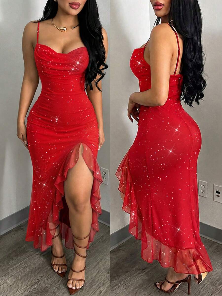 ChicMe Gaun Midi Wanita Berkilau dengan Kerah Model Cowl dan Belahan Samping, Tanpa Lengan, Tanpa Punggung, Model Bodycon untuk Pesta Malam - Merah - View 1