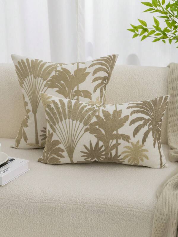 1pc Khaki Tropical Palm Plant Embroidered Pillowcase, Spring/Summer Fresh Plant Leaf Decorative Pillowcase, Suitable For Indoor Decoration, All-Season Pillowcase, Without Insert