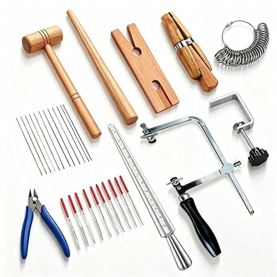 KLONKEE 11pcs Jewelry Making Tool Set, Includes Jewelry Saw Frame, Hammer, Pliers, Files, Ring Mandrel, Suitable For Jewelry Repair And Design Handmade Craft