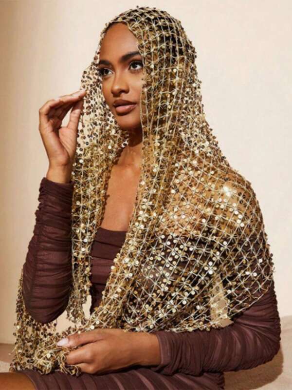 Women's Sequin Beaded Shiny Headscarf, Belly Dance Hip Scarf, Glitter Neck Scarf, Can Be Matched With Belly Dance Costume, Evening Dress, Crop Top, Personalized Earrings, Lace-Up Sandals, Perfect For Belly Dance Performance, Evening Party, Wedding, Party, Music Festival, Nightclub, Sequin, Beaded, Shiny, Versatile, Long, Women's Hip Scarf, Back To School Season, Girls Hair Accessories, Headband, Headscarf