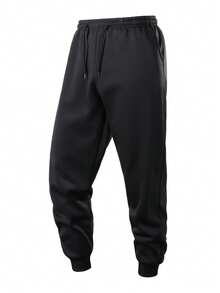 Men's Solid Color Lined Joggers, Elastic Drawstring Waist, Side Pockets, Warm Ankle Sports Pants, Casual Winter Pants - Black - View 2