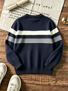 Boys' Colorblock Striped Crew Neck Knit Sweater, Casual Long Sleeve Knit Pullover, Warm Autumn/Winter Top - Navy Blue - View 4