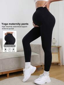 Legging Hamil Tanpa Jahitan Pinggang Tinggi Elastis Warna Polos Hitam - Hitam - View 2
