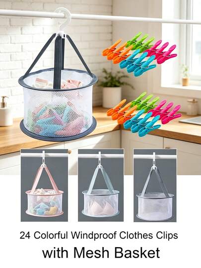 Colorful Windproof Clothes Clips With Mesh Basket, Plastic Non-Slip Clips For Laundry Drying And Sock Organization, Travel Essential Clothes Clips, Multi-Functional Clips For Home And Dorm, Back To School Gift, Strong Grip Clothes Clips