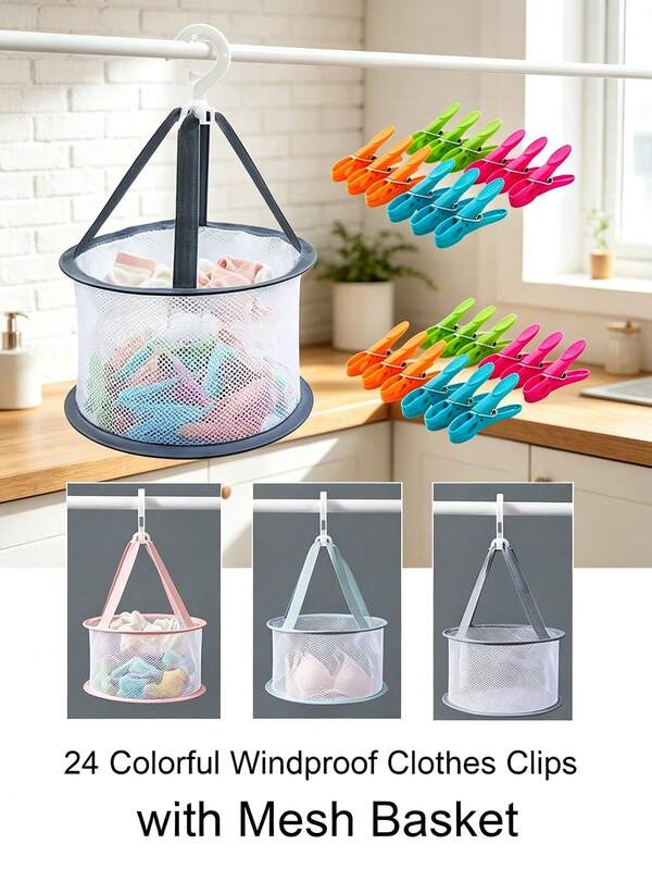 Colorful Windproof Clothes Clips With Mesh Basket, Plastic Non-Slip Clips For Laundry Drying And Sock Organization, Travel Essential Clothes Clips, Multi-Functional Clips For Home And Dorm, Back To School Gift, Strong Grip Clothes Clips