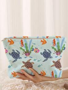 1pc Portable Cosmetic Storage Bag With Ocean Elements Turtle And Fish Pattern Double-Sided Print Travel Zipper Makeup Bag Multi-Functional Toiletries Organizer - Multicolor - View 1
