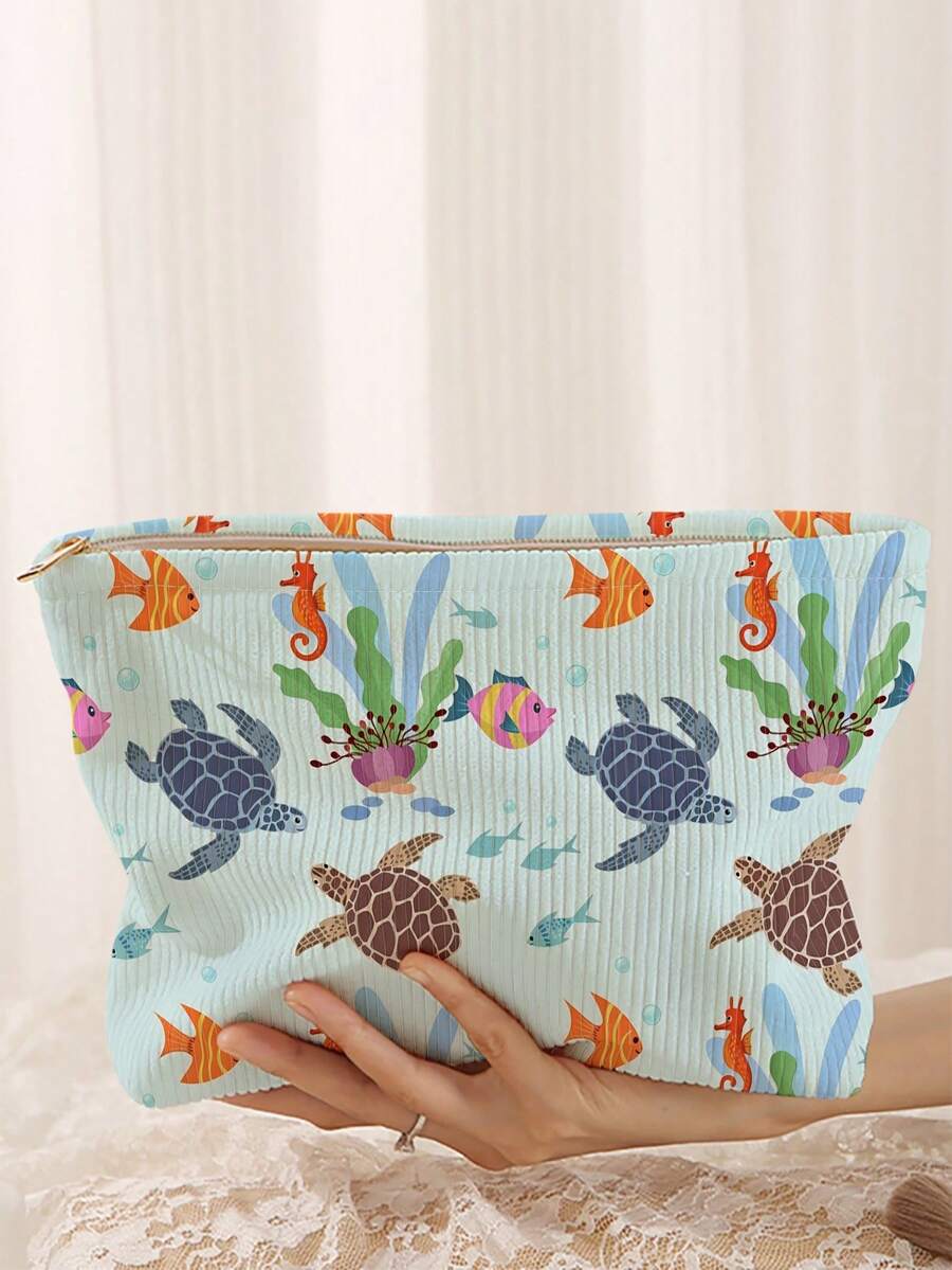 1pc Portable Cosmetic Storage Bag With Ocean Elements Turtle And Fish Pattern Double-Sided Print Travel Zipper Makeup Bag Multi-Functional Toiletries Organizer - Multicolor - View 1