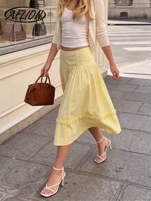 Women's Summer Casual Yellow High Waist Ruffled Midi Skirt, Button Detail Tiered Flowy Skirt - Yellow - View 3