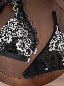 2 pezzi/Set Completo di Reggiseno e Slip in Pizzo Floreale Stile Francese alla Moda per Donna - nero - Visualizzare 11
