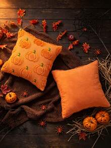 1/2 Stücke Herbst Kürbis Orange Kissenbezüge 18x18, Halloween Thanksgiving Innen Dekoration, Sofa Dekokissen, Feiertags Heim Dekoration - orange - Übersicht 2