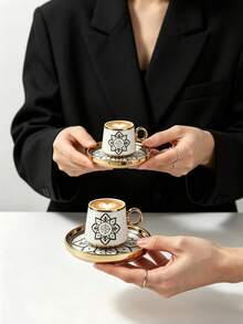 1 Set 90ml Ceramic Coffee Cup & Saucer, Mandala Pattern, Microwave & Dishwasher , Includes 1 Espresso Cup And 1 Arabic Coffee Cup, Suitable For Afternoon Tea, Cafe, Kitchen And Home Decor - Multicolor - View 5