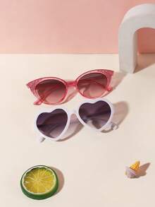 1 Set 2pcs Unisex Kids 3-8 Years Old, Mixed Color Glitter Cat Eye & Solid Color Heart Shape, Plastic Material, Dual-Tone Gradient Lens Glasses, Spring Travel Party Style - Multicolor - View 14