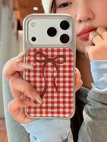 1pc Silver Electroplated Large Window Phone Case Red & White Plaid Brown Ribbon Bow Star Print Suitable For IPhone All Models Vintage Preppy Sweet Girl Style Ins Full Coverage Anti-Drop Phone Protective Shell - Silver - View 4