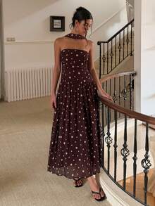 Women's Brown Polka Dot Print Sleeveless Dress With Neck Bow, Sweet And Elegant Summer Vacation - Brown - View 8
