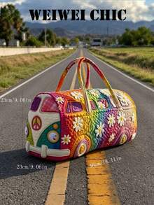 彩色廂型車造型過夜包，花卉貼布漸層彩虹設計輕量手提包，適合度假與戶外休閒 - 彩色 - 查看 4