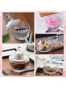 1pc Transparent Striped Glass Vanity Jar With Lid, Powder Puff Container, Cosmetic Storage Box, Elegant Bathroom Decor Box, Elegant Striped Decorative Container, Suitable For Loose Powder, Cosmetics And Small Accessories, Bathroom Vanity Storage Jar - Clear - View 7