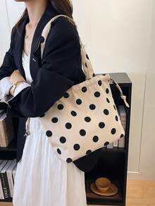 Dedoo 復古波點帆布抽繩水桶包，小提把托特手提包，輕便休閒日常午餐購物包 - 米色 - 查看 10