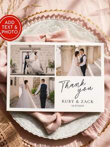 Personalized Paper Thank You Card, Rustic Four Photo Collage Design, CreamWhite Border, Custom Names & Date Detail, Wedding Greeting Card For Bridal S - Multicolor - View 6