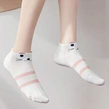 3 Pairs Random Assortment Japanese Sweet Style Striped Polka Dot Cartoon Cat & Rabbit Short Socks, 3D Ear Design, Breathable Comfortable Cotton Socks For Commuting And Casual Wear - Multicolor - View 7