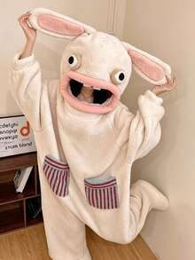 1pc Cute & Quirky Cartoon Rabbit Coral Fleece Hooded Bathrobe, Made Of Coral Fleece Material, Featuring 3D Plush Rabbit Ears And Striped Applique Pocket, Perfect For Daily Casual Wear, Halloween Party, Or As A Unique Gift For Girls - Multicolor - View 4