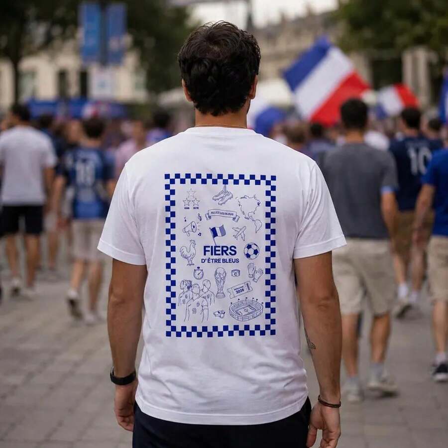 France Football 2026 T-Shirt - Stolz, Blau zu sein - 100% Baumwolle 180g - Unterstützer der französischen Mannschaft - Geschenk für Fußballfans - Weiss - Übersicht 1