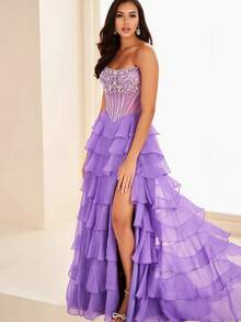 Romantic Ball Gown Strapless Tulle Women's Gown For Wedding Prom Evening Party - Purple - View 1