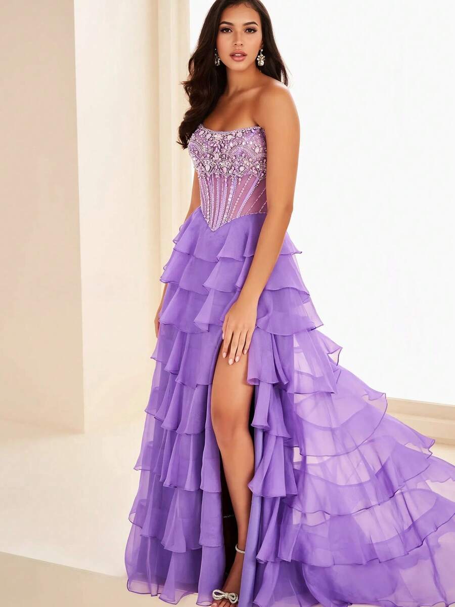 Romantic Ball Gown Strapless Tulle Women's Gown For Wedding Prom Evening Party - Purple - View 1