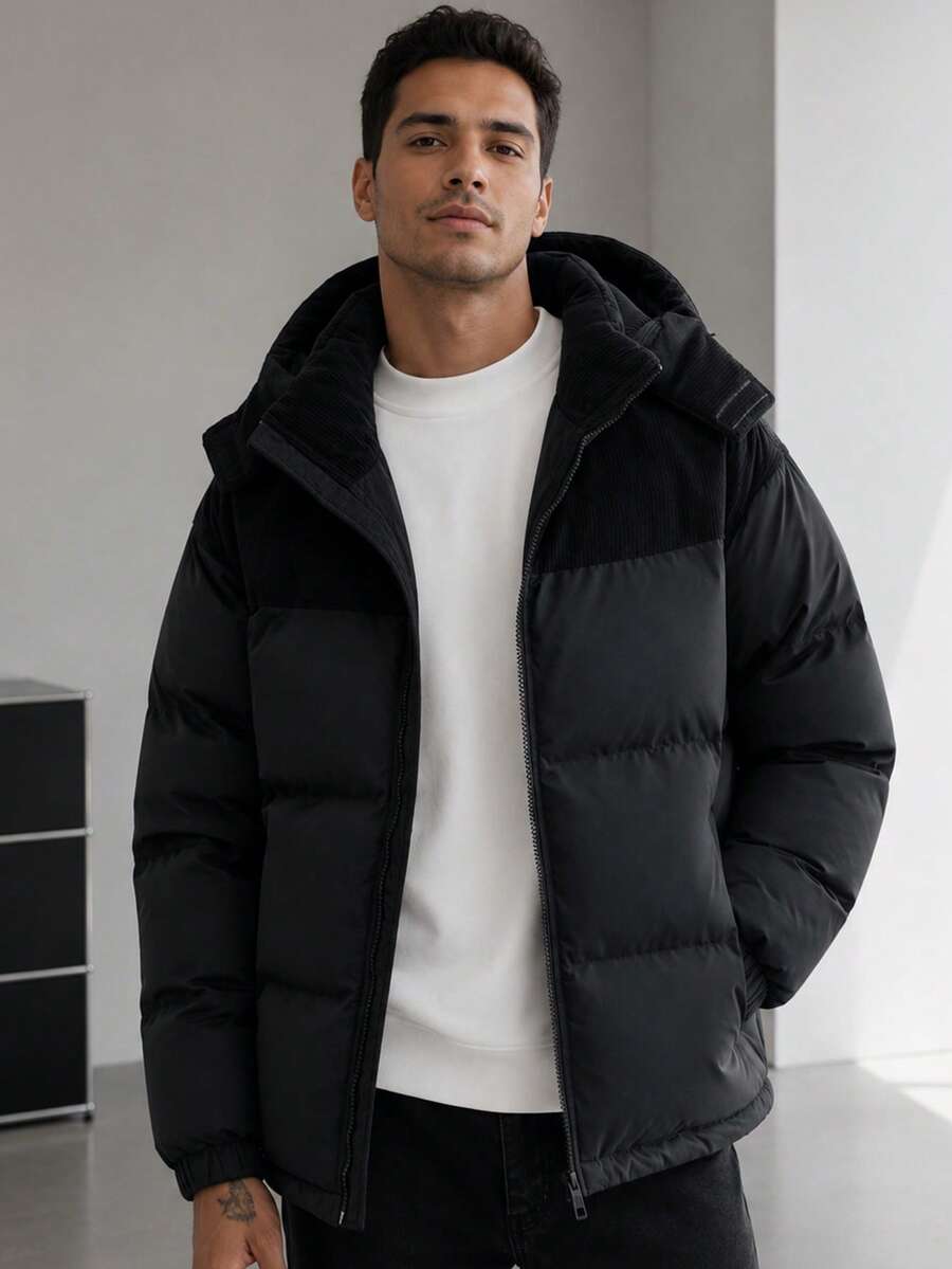 1 pieza Abrigo con capucha acolchado de retazos para hombre, de tela de nailon, estilo cargo, con bloques de color contrastante, adecuado para el uso diario y el clima frío al aire libre, otoño e invierno - Negro - Ver 1