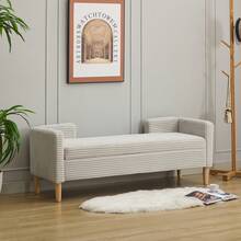 Velvet Storage Bench With Arms - Ideal For Living Room, Entryway And Bedroom - Ivory - 灰色 - 查看 5