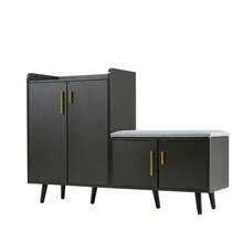 Modern Shoe Bench With Wood Grain, Storage Cabinet, Four Storage Doors, Asymmetric Metal Handles, - 黑胡桃木 - 查看 4