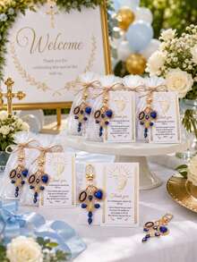 20 Sets Christian Baptism Favors, Elegant Rhinestone Cross Keychain With Virgin Mary Pendant, Prayer Thank You Cards And Organza Bags, First Communion Baptism Return Gift Set, Christian Baby Party Supplies, Back To School Party, Party Supplies - Blue - View 9