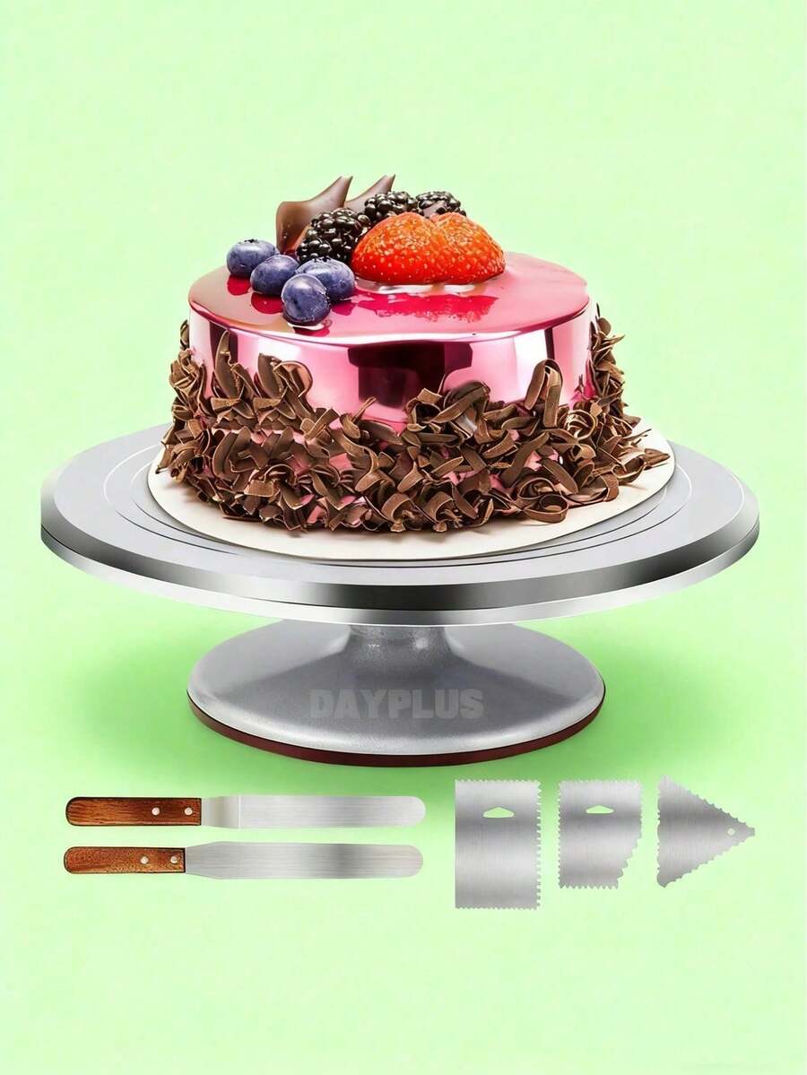 Juego de 6 piezas de plato giratorio para tarta con de macaroon con espátula para crema, rascador, plato giratorio para hornear pasteles de 31 cm,Base con Rotación de 360°,utensilios de cocina. - Plateado - Ver 1