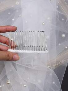 1pc Single Layer Starry Pearl Short Bridal Veil, High Quality Skin-Friendly Soft Mesh Wedding Veil - Multicolor - View 4