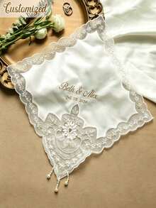 Personalized Embroidered Bridal Handkerchief, Customizable Name And Wedding Date, Elegant Lace Wedding Handkerchief, Suitable For Bride, Wedding Keepsake Gift - Multicolor - View 7