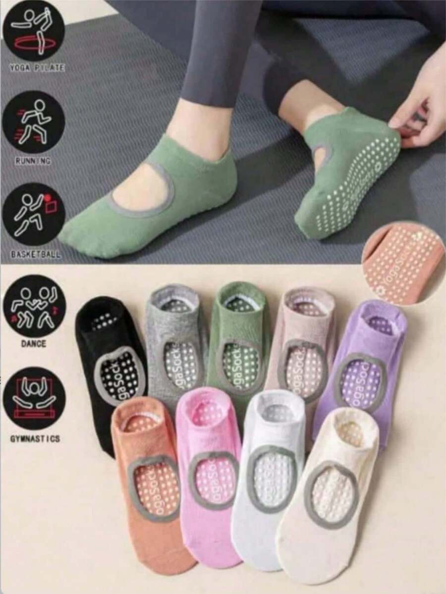 1/3/5/6/10雙隨機配色運動瑜伽短襪,男女通用,皮拉提斯防滑襪,女款瑜伽中筒襪,適用於Barre健身運動拖鞋襪 - 黑色 - 查看 1