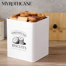 Myrothcane 1pc Vintage White Metal Biscuit Tin With Bamboo Lid, Large Square Cookie Storage Canister, Airtight Snack Container For Cookies, Candy, Nuts, Tea, Kitchen Pantry Organizer, Retro Printed Food Storage Jar For Home Baking - White - View 6