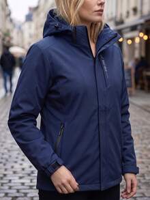 Women Navy Blue Hooded Outdoor Jacket Zip Up Stand Collar Zipper Pockets Adjustable Cuffs Long Sleeve Hiking Coat - Blue - View 1