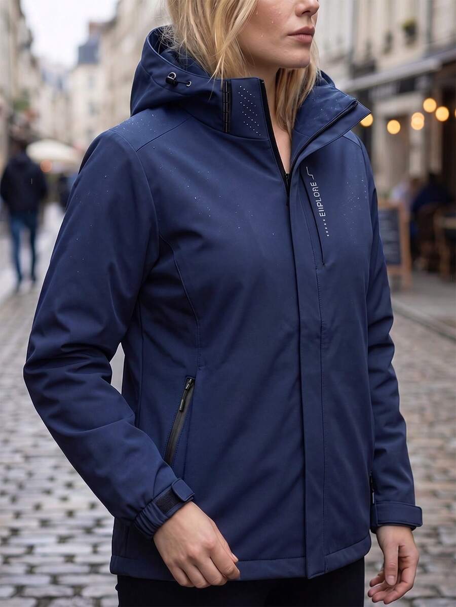 Women Navy Blue Hooded Outdoor Jacket Zip Up Stand Collar Zipper Pockets Adjustable Cuffs Long Sleeve Hiking Coat - Blue - View 1