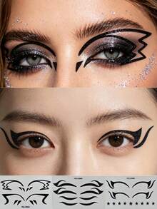 3 Peças Conjunto de Adesivos de Delineador com Glitter Preto, Adesivos de Maquiagem Ocular com Linha Ascendente Autoadesivos, Delineador Temporário à Prova d'Água e de Longa Duração para Looks de Festival EDM e Festa - Preto - Visão 11
