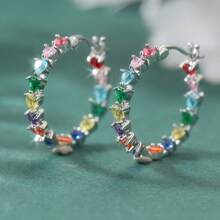 Waterproof Sparkling Colorful Heart-Shaped Cubic Zirconia Gold & Silver Dual-Tone Hoop Earrings, Luxury Vibe Women's Jewelry, Suitable For Evening Gala, Cocktail Party, Birthday Gathering, Daily Street Wear, Nightclub Look, Elegant Exquisite Party Gift Accessory - Silver - View 1