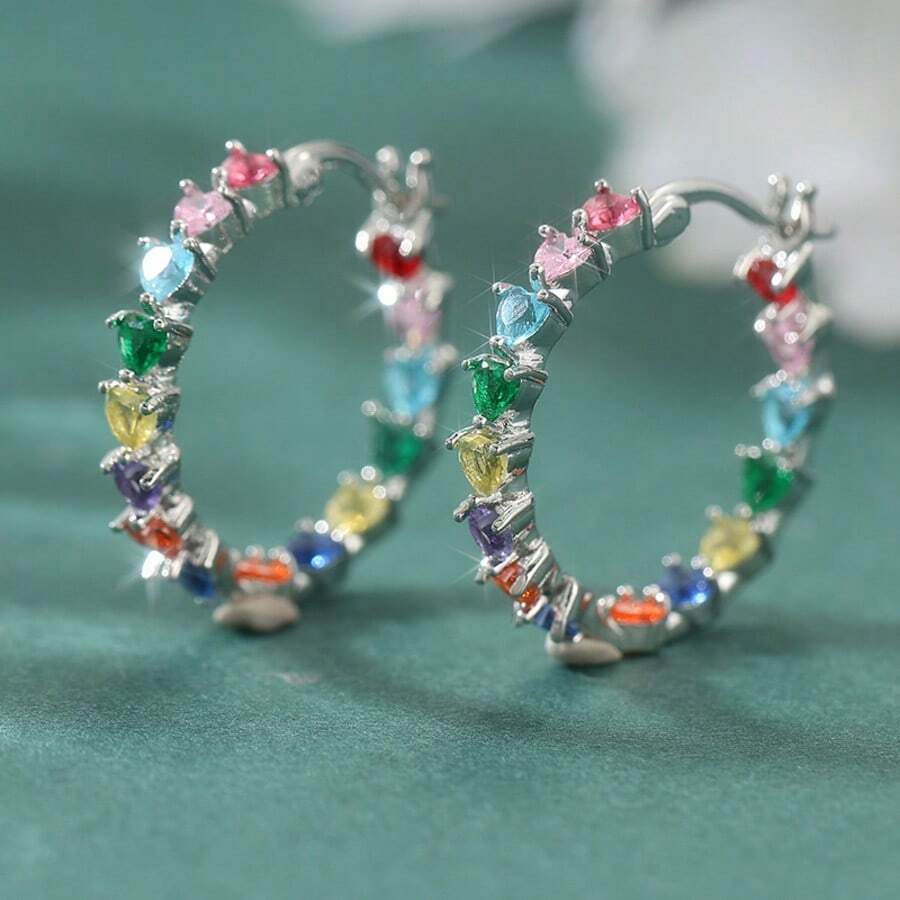Waterproof Sparkling Colorful Heart-Shaped Cubic Zirconia Gold & Silver Dual-Tone Hoop Earrings, Luxury Vibe Women's Jewelry, Suitable For Evening Gala, Cocktail Party, Birthday Gathering, Daily Street Wear, Nightclub Look, Elegant Exquisite Party Gift Accessory - Silver - View 1